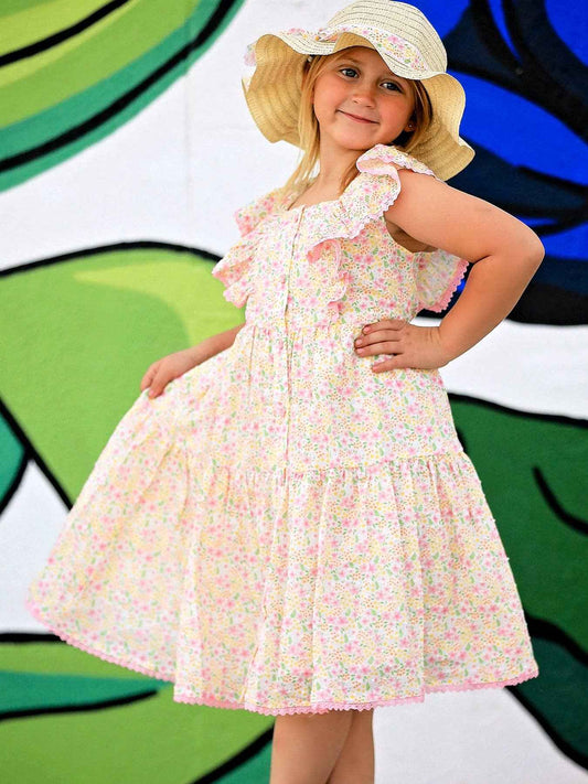 Spring Floral Girls Ruffle Dress With Bow Straw Hat Set: 4