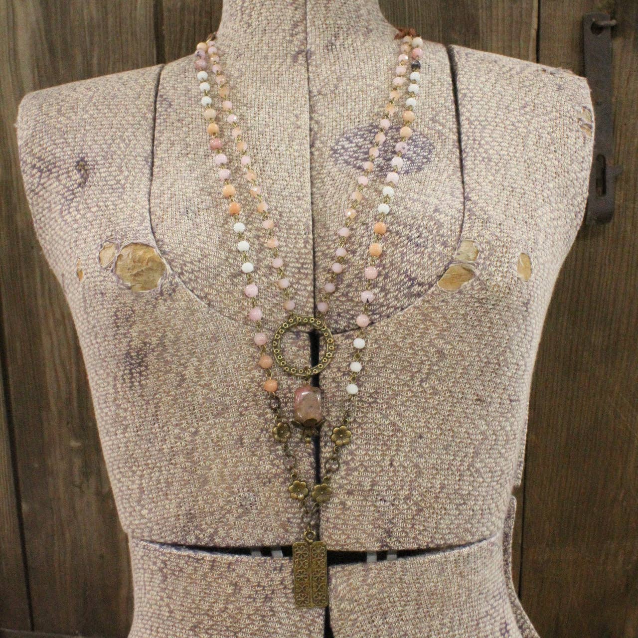 Double Layered Blush Bead & Flower Pendant Necklace