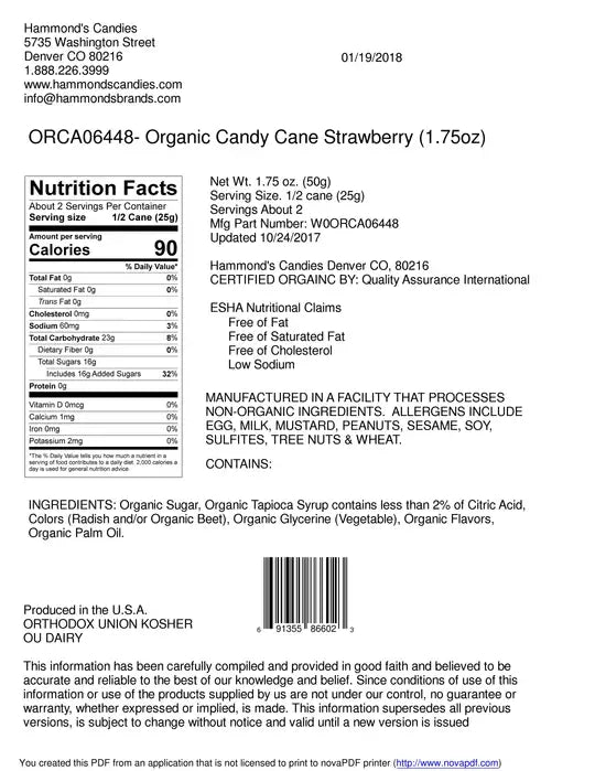 Organic Strawberry Candy Cane 1.75oz