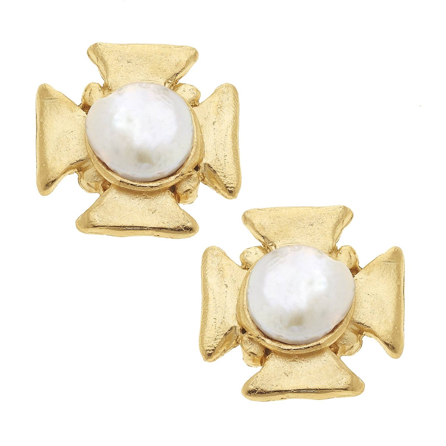 Susan Shaw - Gold Cross with Genuine Freshwater Pearl Pierced Earrings