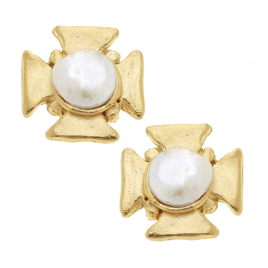 Susan Shaw - Gold Cross with Genuine Freshwater Pearl Pierced Earrings
