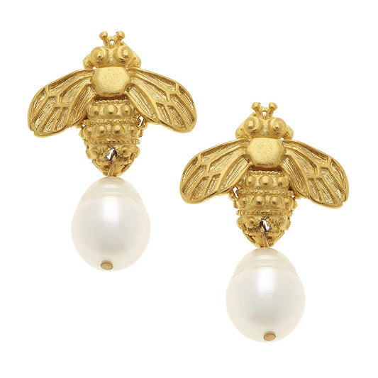 Susan Shaw - Gold Bee and Genuine Freshwater Pearl Earrings