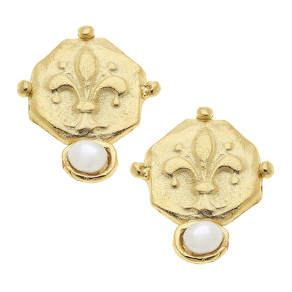 Susan Shaw - Gold Fleur De Lis Intaglio and Hand Set Genuine Freshwater Pearl Earrings