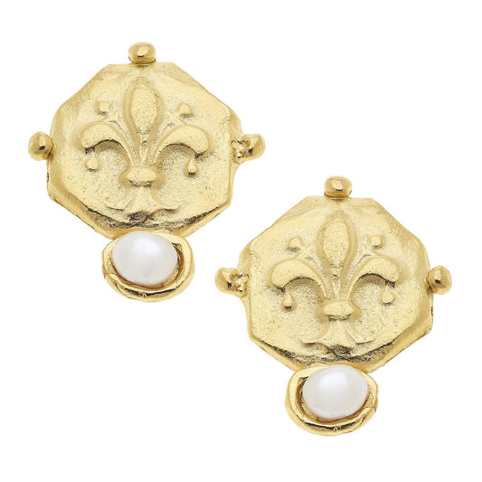 Susan Shaw - Gold Fleur De Lis Intaglio and Hand Set Genuine Freshwater Pearl Earrings