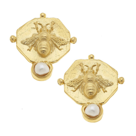 Susan Shaw - Gold Bee Intaglio Earrings with Handset Genuine Freshwater Pearls