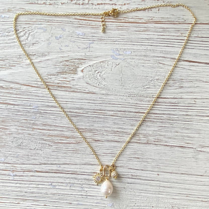Pearl, sun, micro pave necklace ,trendy