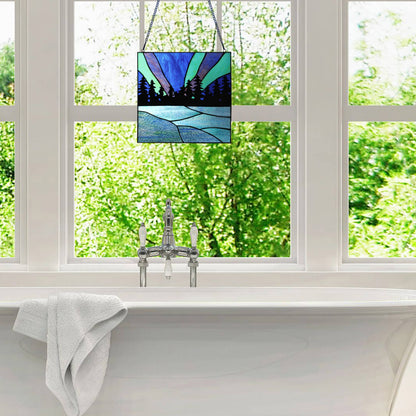 12.5"H Elena Northern Lights Lake Stained Glass Window Panel