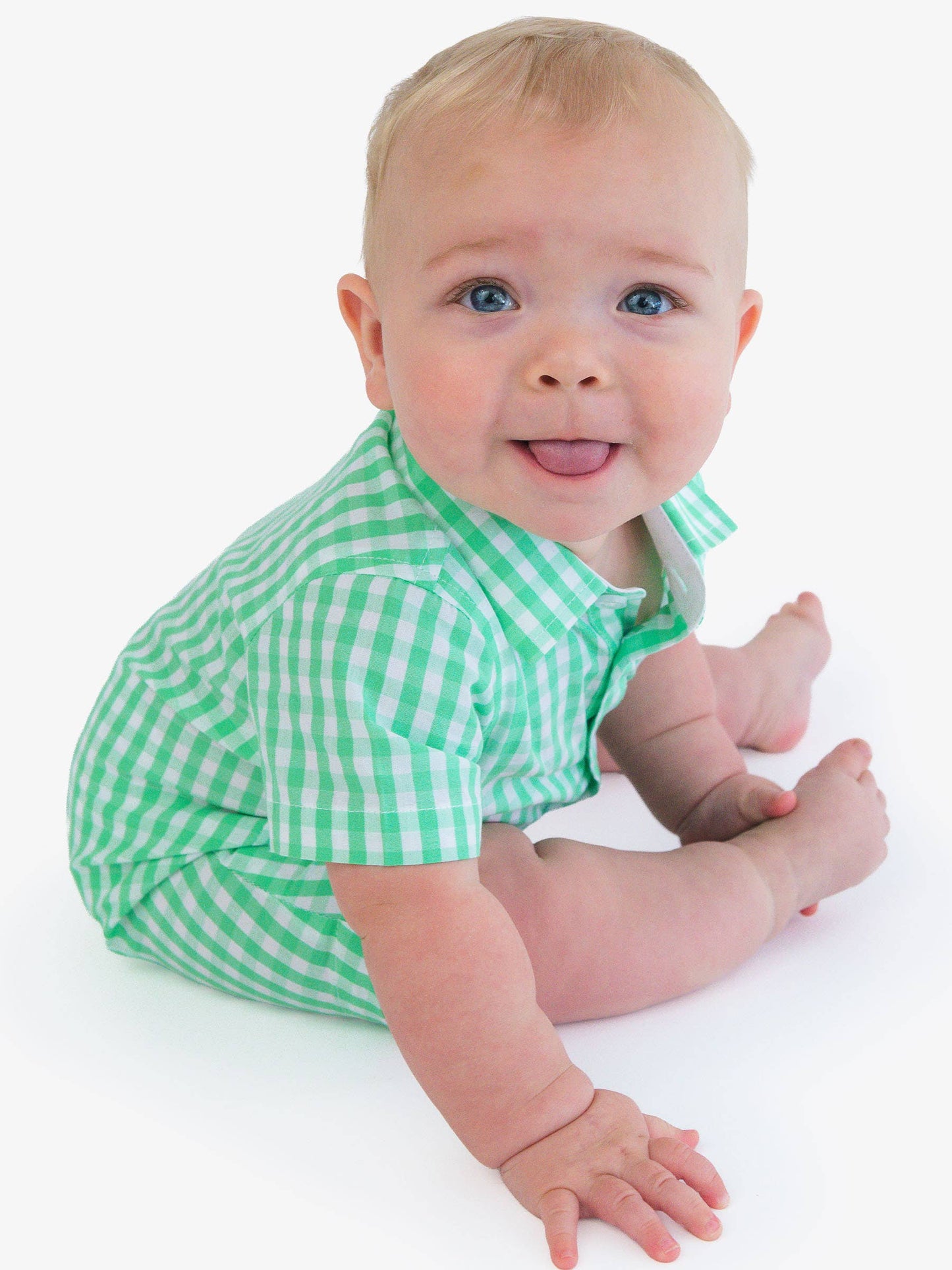 Baby Boys Classic Spring Green Gingham Short Button-Up Romper