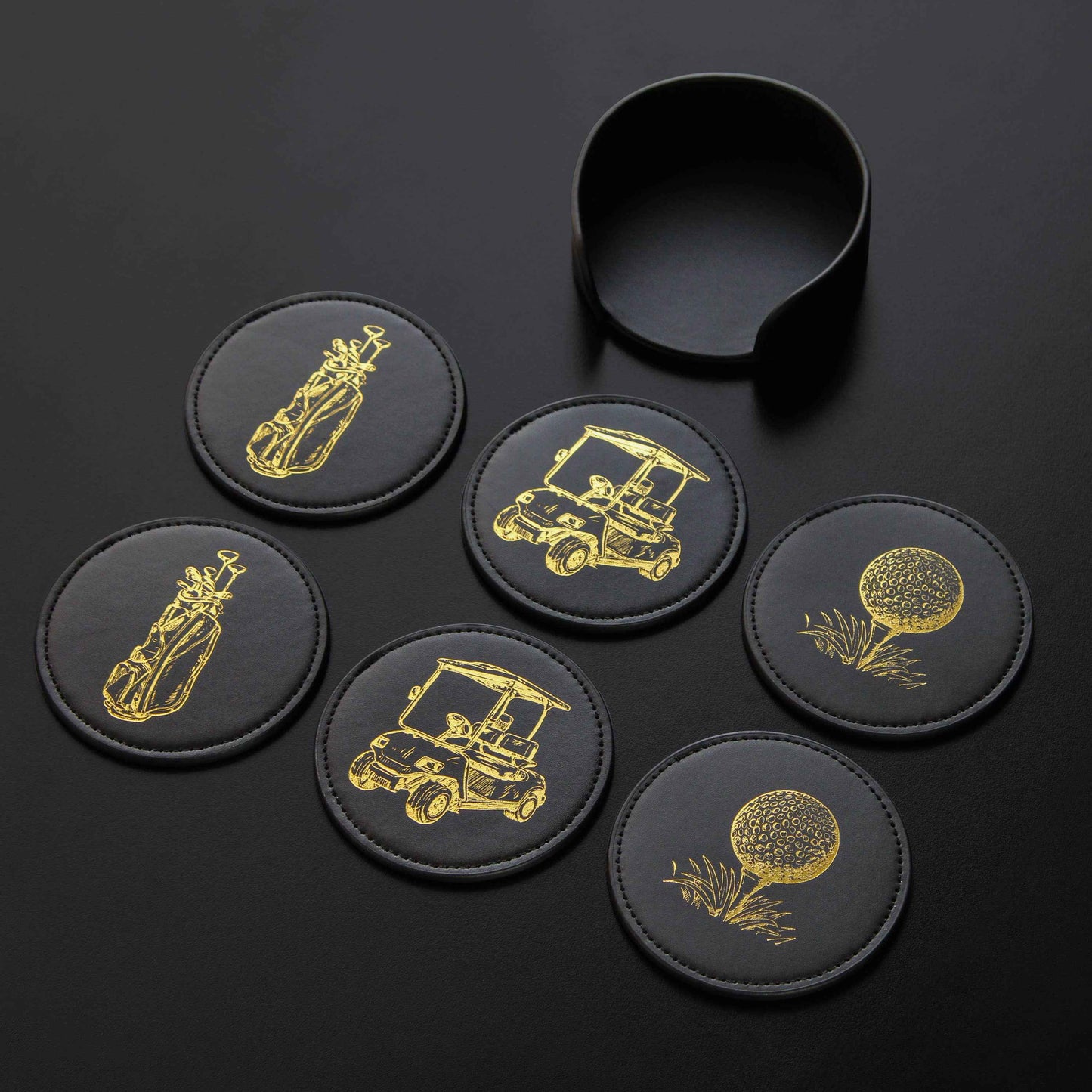Coaster Set GOLF Theme, NEW Premium Black with Gold Designs