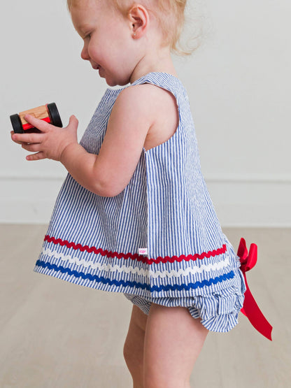 Americana Classic Blue Seersucker Ric Rac Swing Top & Bloomer Set