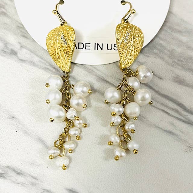 Anita K By Blushing Pink - Brass Leaf with Freshwater Pearl Cluster Drop Earring