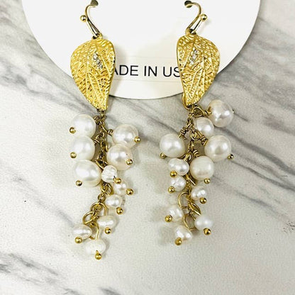 Anita K By Blushing Pink - Brass Leaf with Freshwater Pearl Cluster Drop Earring