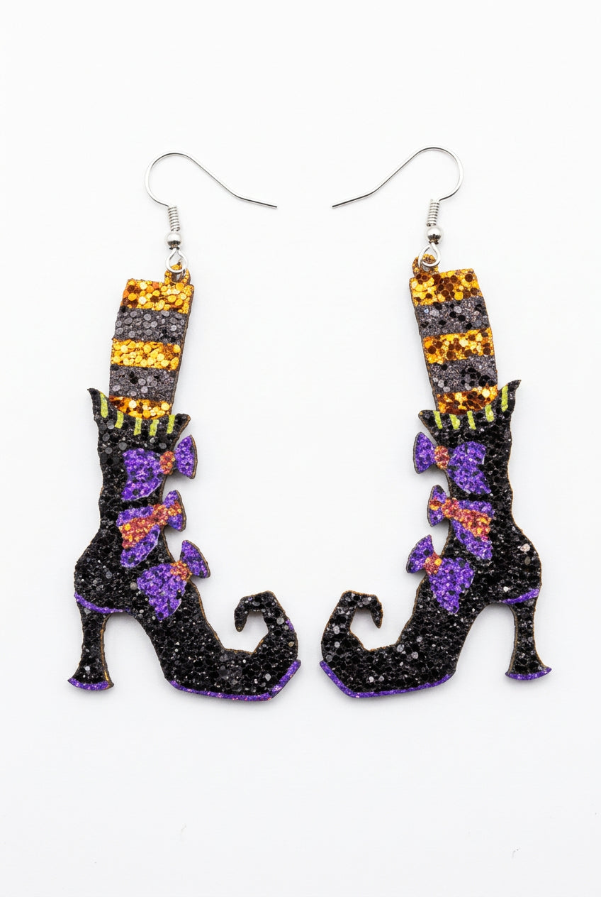 Orange Glitter Witch Leg Dangle Earrings