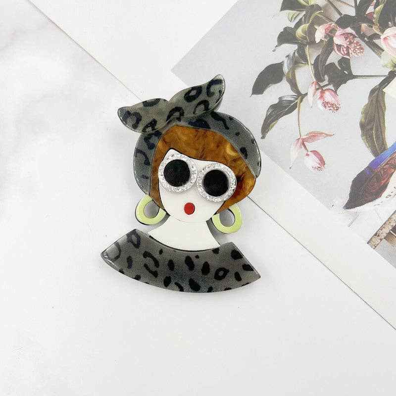 Glasses Girl Acrylic Brooch PA4087: Orange