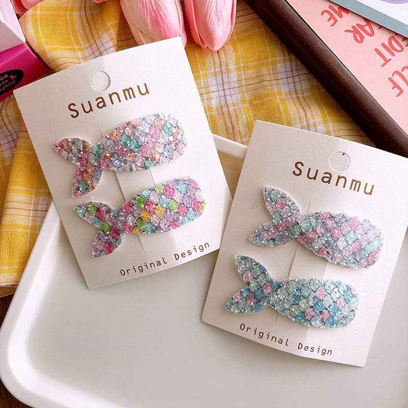 Colorful Glitter Mermaid Tail Kids Hair Clips Sweet Cute BB Clips: 3-Rainbow Set