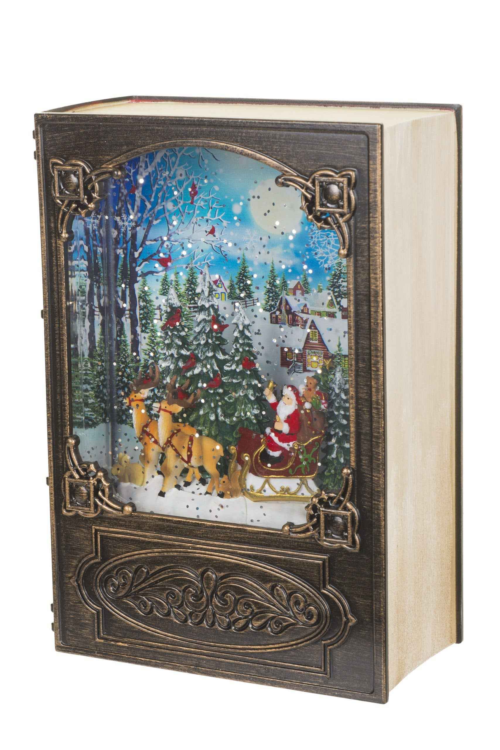 NEW-Antique Brown Book Snow Globe with Santa in Sleigh