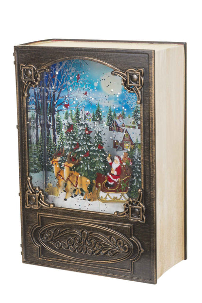 NEW-Antique Brown Book Snow Globe with Santa in Sleigh