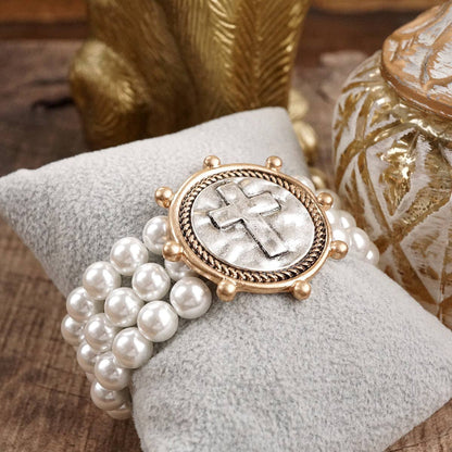 Gracebound – Pulsera llamativa 3 en 1 con moneda cruzada y perla gruesa en metales mixtos