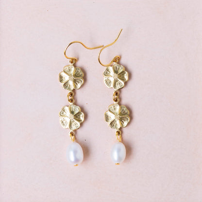 Pearl and two flower dangle earrings