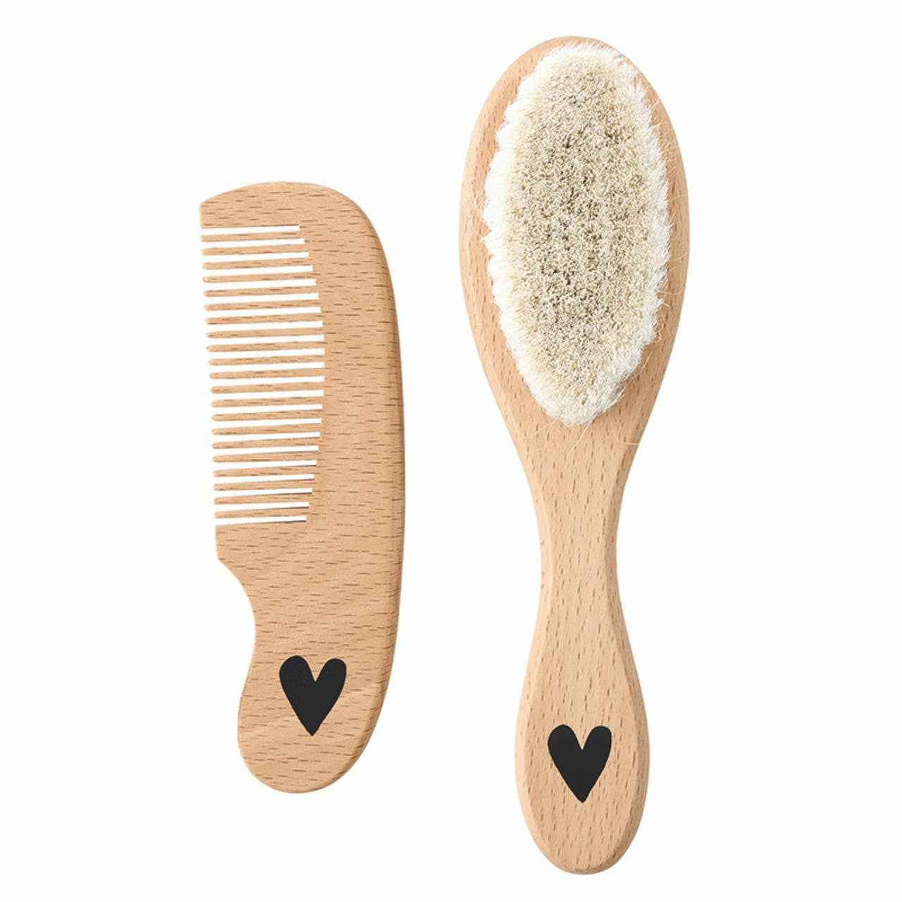 Brush + Comb Set - Heart: Beech Wood / Brush: 7" L x 2" W, Comb: 5.3" L x 1.6" W