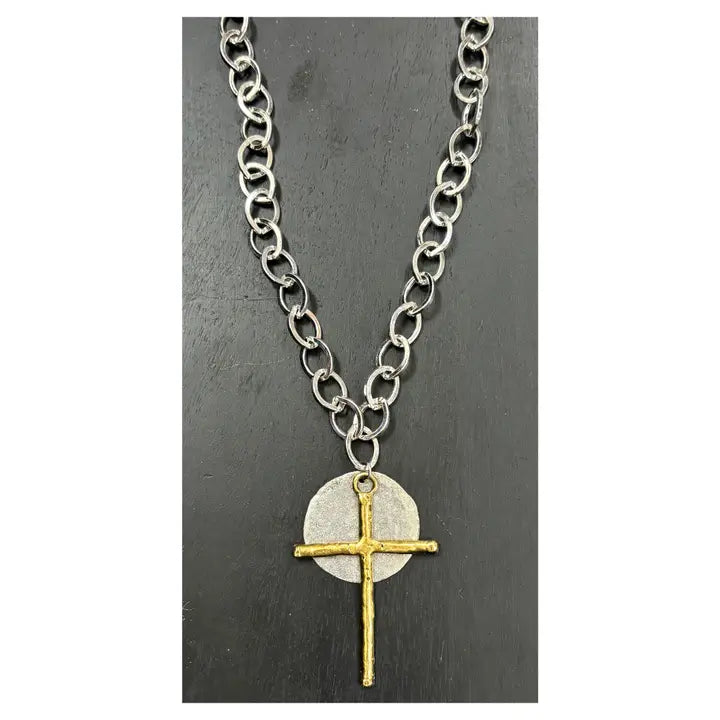 17" Gold Plated Chain Necklace with Gold Plated Pewter Cross and Silver-Plated Pewter Disc
