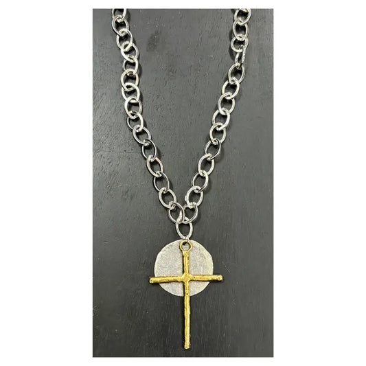 17" Gold Plated Chain Necklace with Gold Plated Pewter Cross and Silver-Plated Pewter Disc