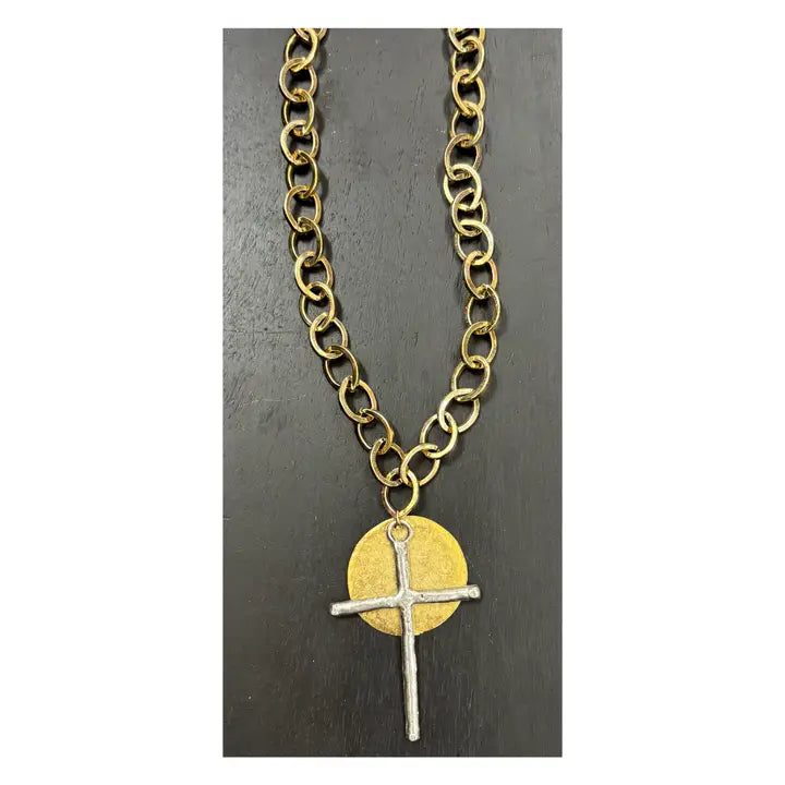 17" Gold Plated Chain Necklace with Silver Pewter Cross and Gold Pewter Disc