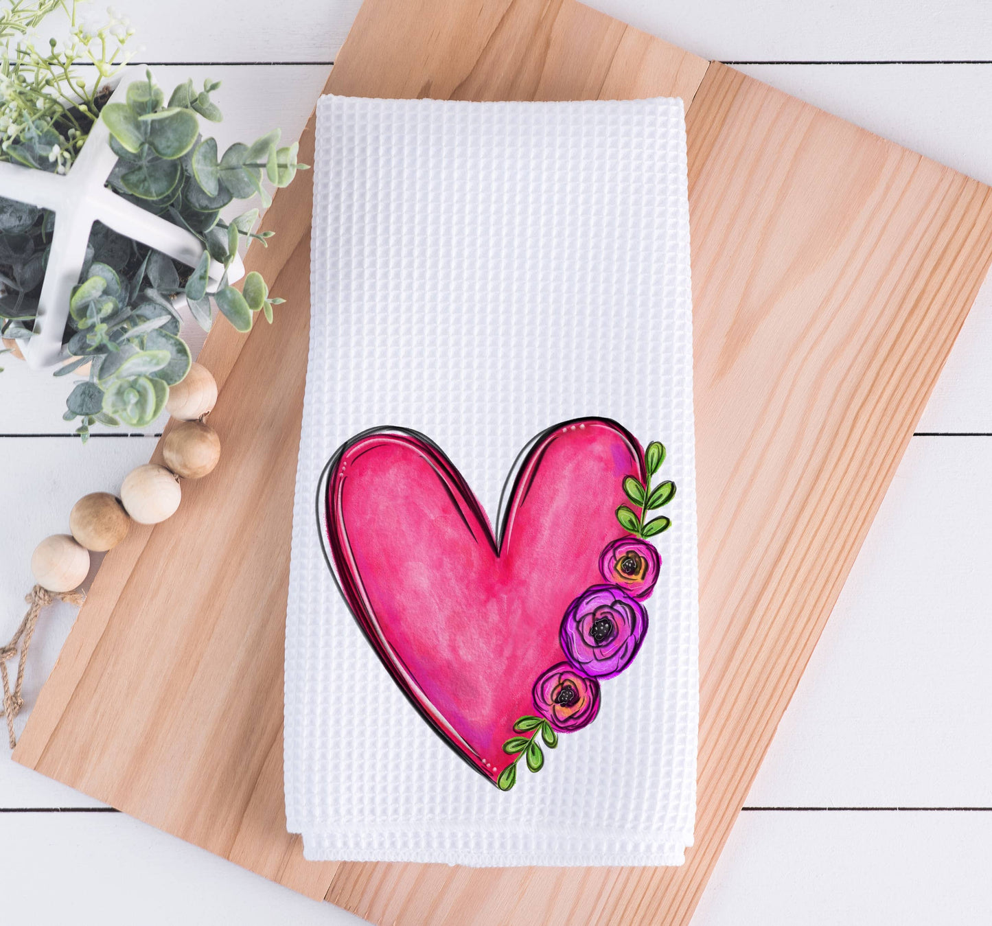 Watercolor Heart With Flowers Valentine Kitchen Dish Towel