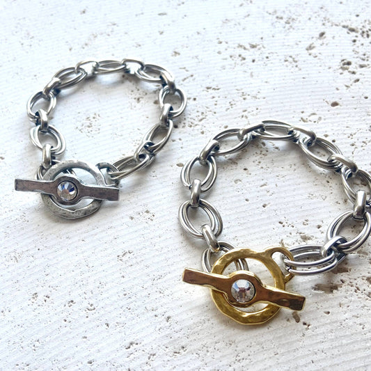 Chunky bracelet  hammered hand casted toggle with crystal 