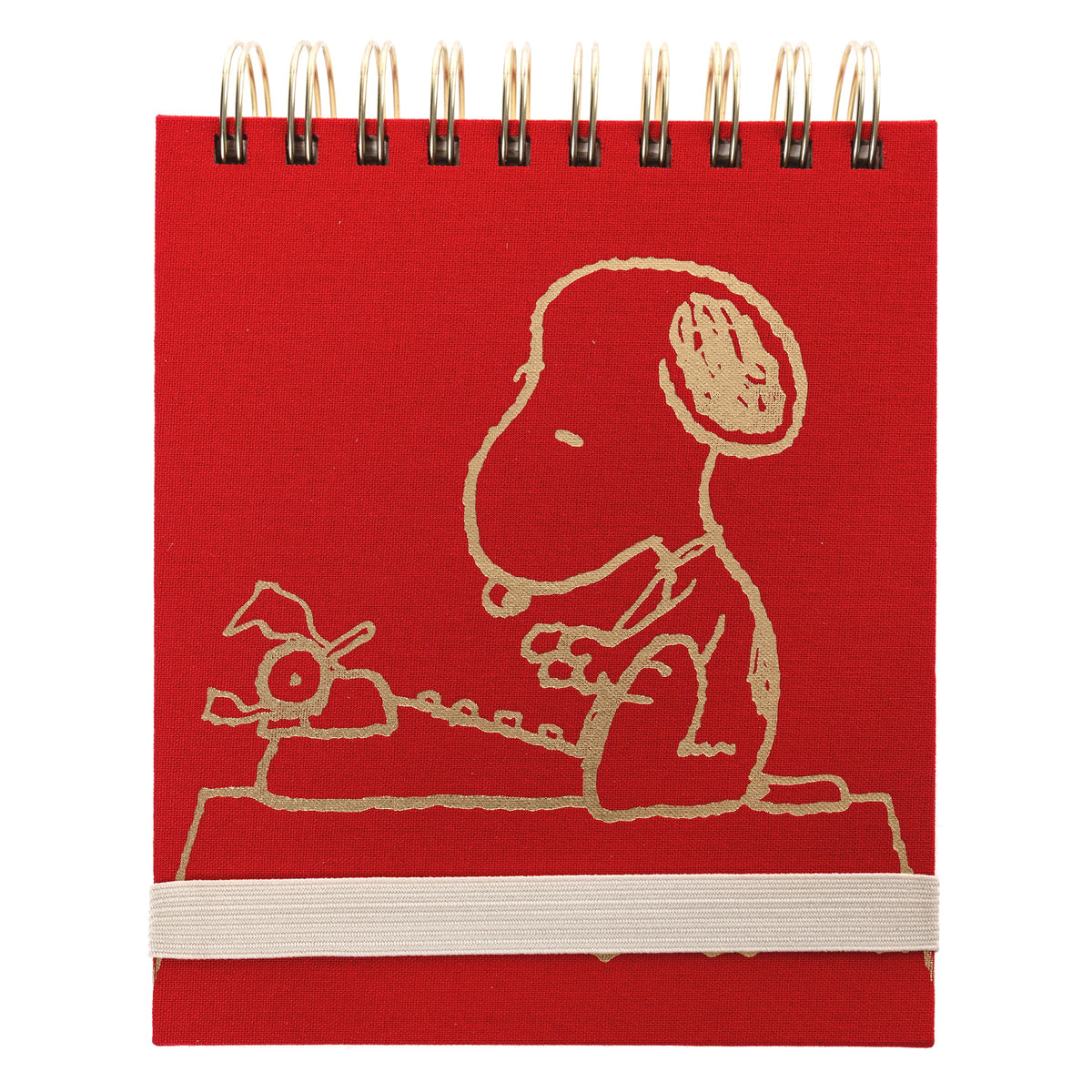 Peanuts Fabric-Bound Notepad, A red fabric-bound notepad with Snoopy typing at his typewriter in gold foil on the cover and gold gilded page edges.