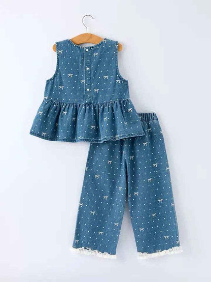 Spring Bow Dot Denim Ruffle Top and Pants Set 3/4 Pants: Blue / 8/9Y