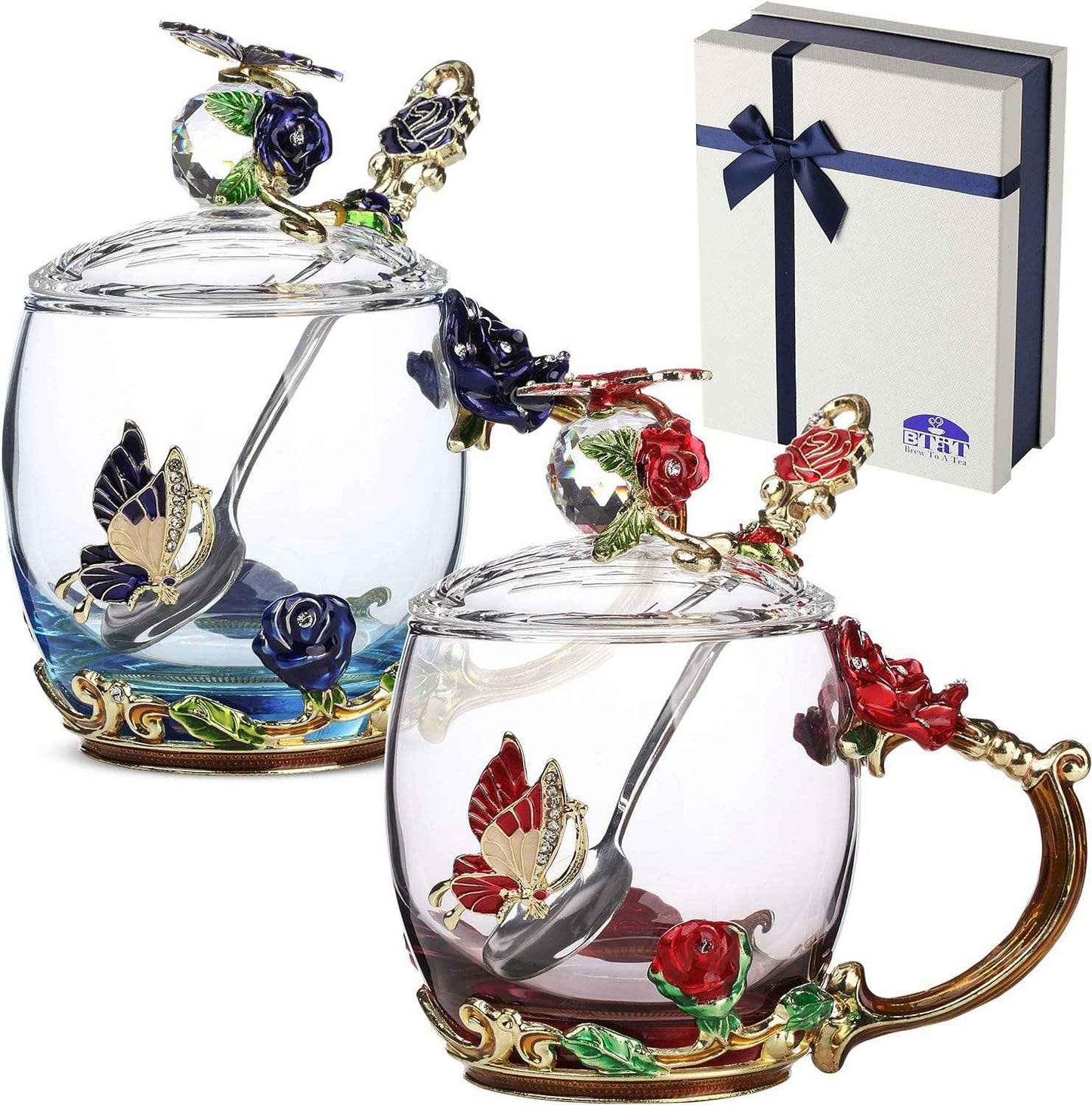 Floral Glass Tea Cups with Lids – Set of 2