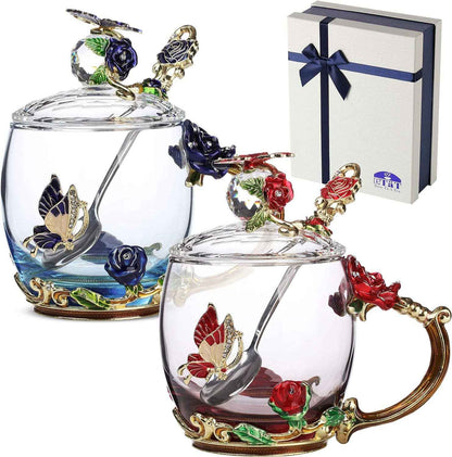 Floral Glass Tea Cups with Lids – Set of 2