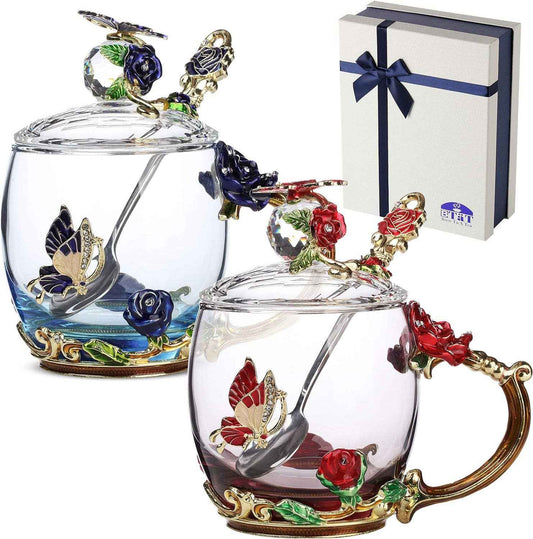 Floral Glass Tea Cups with Lids – Set of 2