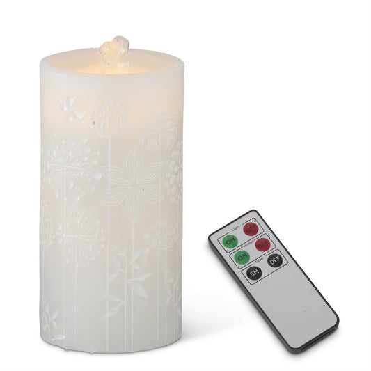 White Flower Embossed LED Wax Pillar Water Candle w/Timer