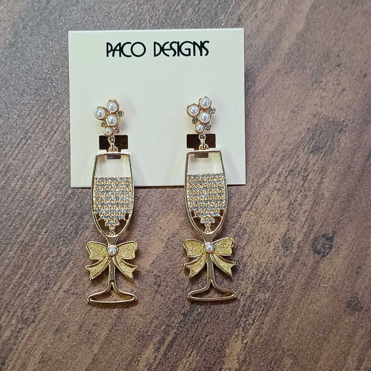 Gold Champagne Wine Earrings with Pearls