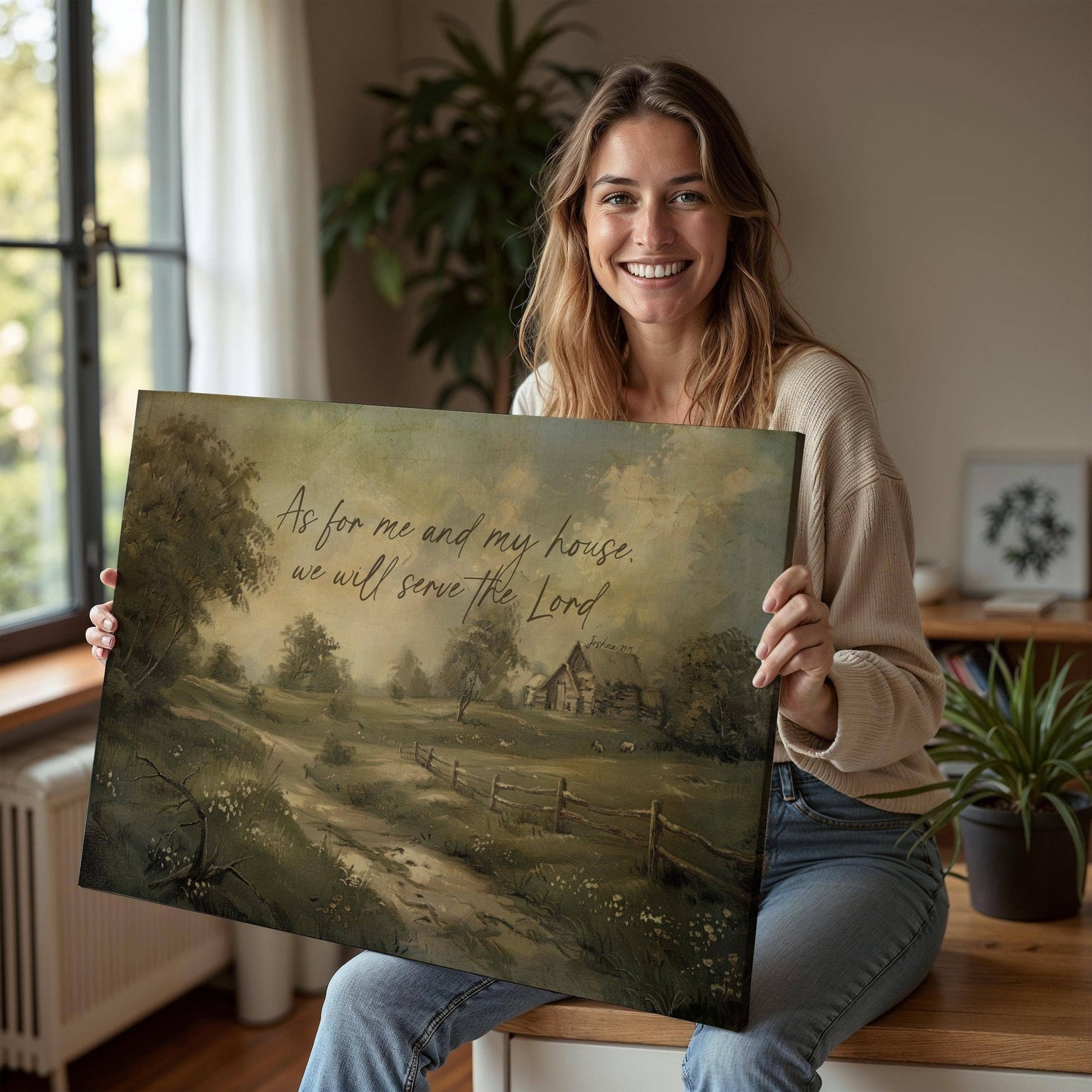 Cuadro sobre lienzo con versículo bíblico de Josué 24:15, estilo vintage, para decoración de hogar o regalo de inauguración de casa - Olive Branch Farmhouse