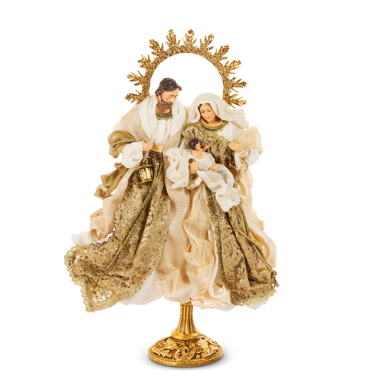 19" Holy Family on Pedestal, A resin and fabric statue of the Holy Family, Joseph and Mary flanking the infant Jesus, standing together on a round pedestal base with an ornate halo rising behind them.