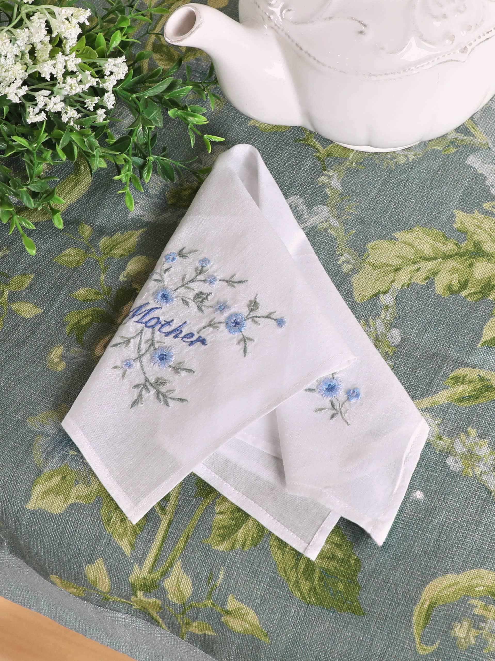 Mother Embroidered Envelope Hankie: Blue