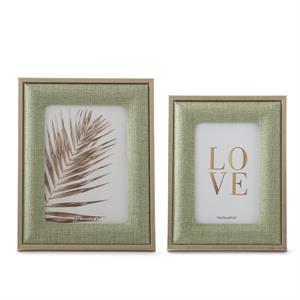 Set of 2 Light Green Woven Linen Gold Metal Trim Photo Frames