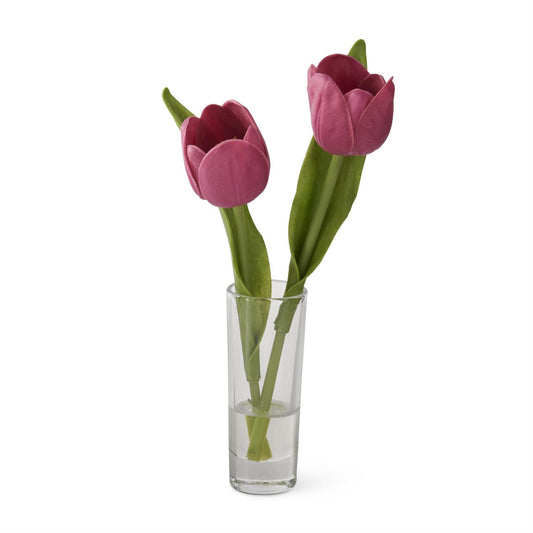8.5 Inch Fuchsia Real Tulip Premade in Glass Vase w/Faux