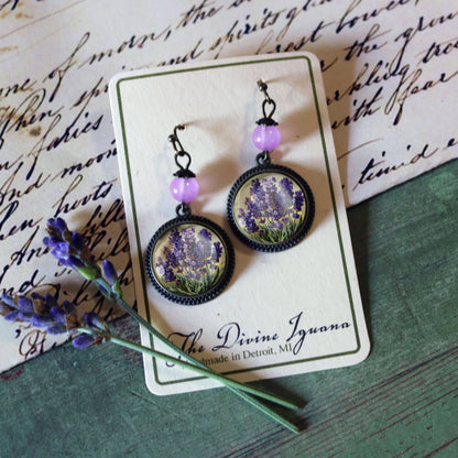 Lavender Flowers Glass Cabochon Earrings