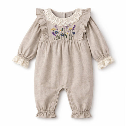 Embroidered Wildflower Linen Baby Romper With Lace Trim: 0-3M