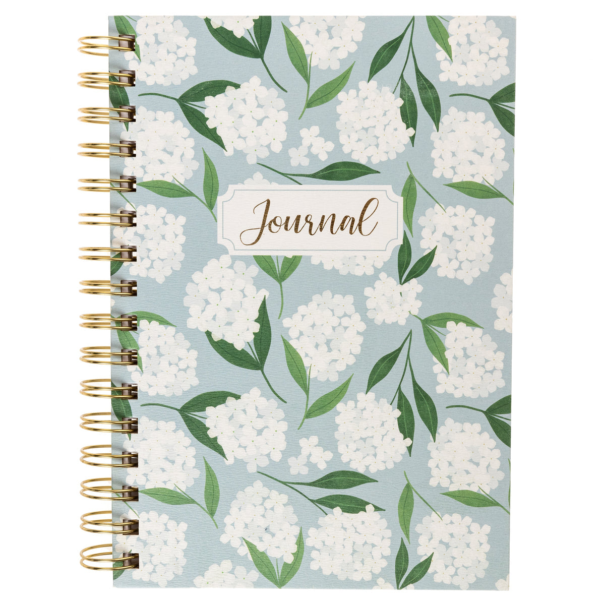 Hydrangeas Everyday Journal, A dusty blue spiral-bound journal covered in white hydrangea blooms and green leaves with a gold foil Journal label near the top.