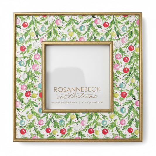 Gold Hand Painted Green Holly & Colorful Ornaments 4"x4" Frame