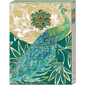 Bloc de notas plegable con broche de esmeralda - Pavo real
