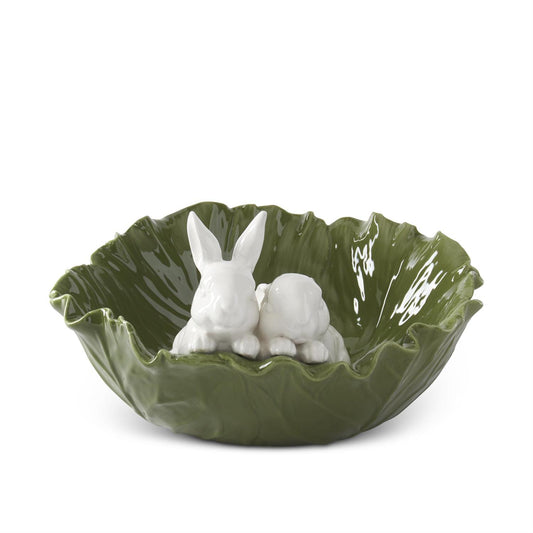 12 " White & Green Dolomite Cabbage Bowl w/Rabbits