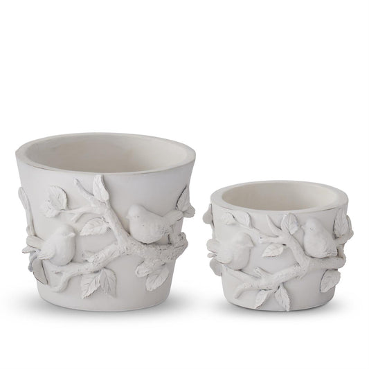 Set of 2 White Resin Round Bird Containers