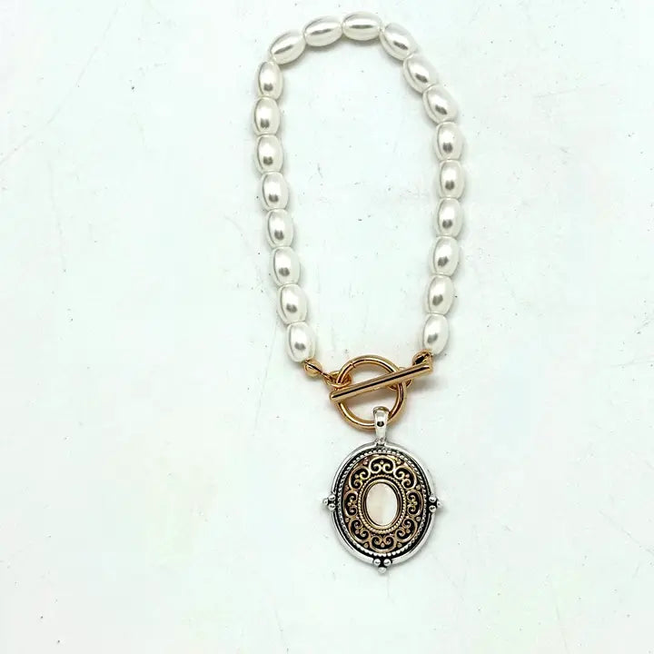 medallion Pearl Glass Beads W/Filigree Mother of Pearl