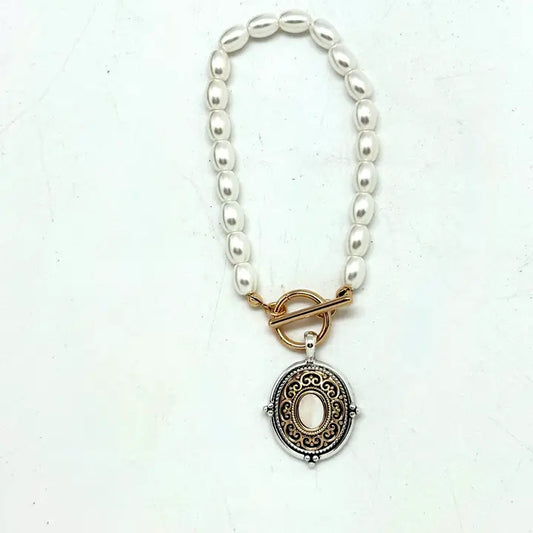 medallion Pearl Glass Beads W/Filigree Mother of Pearl